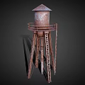 Rusty Metal Water Tower with Tripod Support Structure and Roofed Top Railing Design 3d model