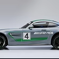 Mercedes AMG GT Racing Car Silver Body with Green Stripes AMG Logo and Rear Spoiler