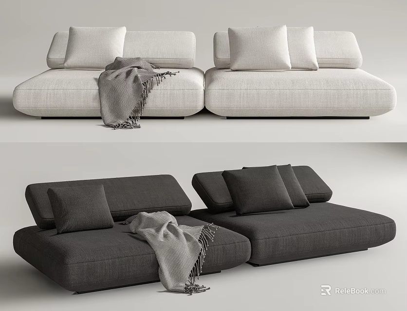 Modern Light And Dark Two Seater Sofa Design With Cushions And Blanket 3d model 