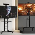 Modern Televisions with Black Mobile Floor Stands Displaying Action Movie Scenes