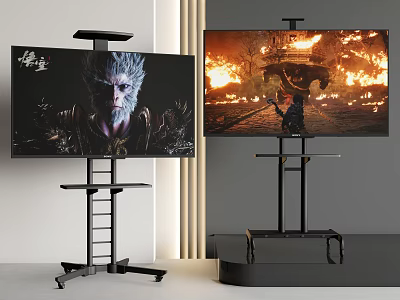 Modern Televisions with Black Mobile Floor Stands Displaying Action Movie Scenes 3d model