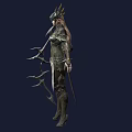 Woman In Green Armor With Horned Headdress And Spear Standing Pose