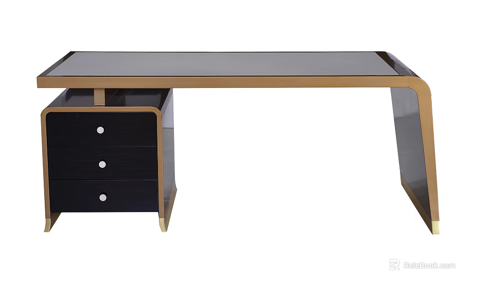 Modern Dressing Table With Glass Top Gold Frame And Black Drawers 3d model 