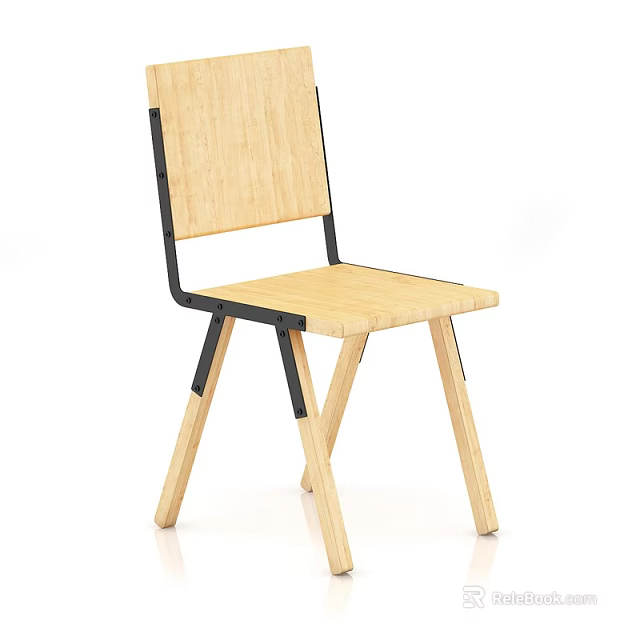Sleek Wooden Office Chair with Black Metal Frame and Light Wood Seat Backrest 3d model 