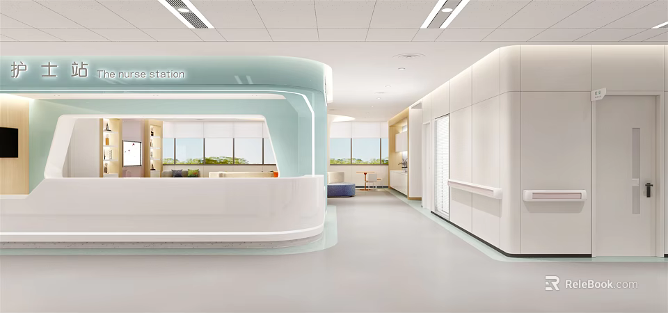 Hospital Outpatient Clinic Modern Interior With Reception Desk Info Station Light Blue And White Decor 3d model 