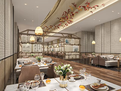 Chinese Style Restaurant Interior With Red Leaf Ceiling Decor Pendant Lights And Dining Tables 3d model