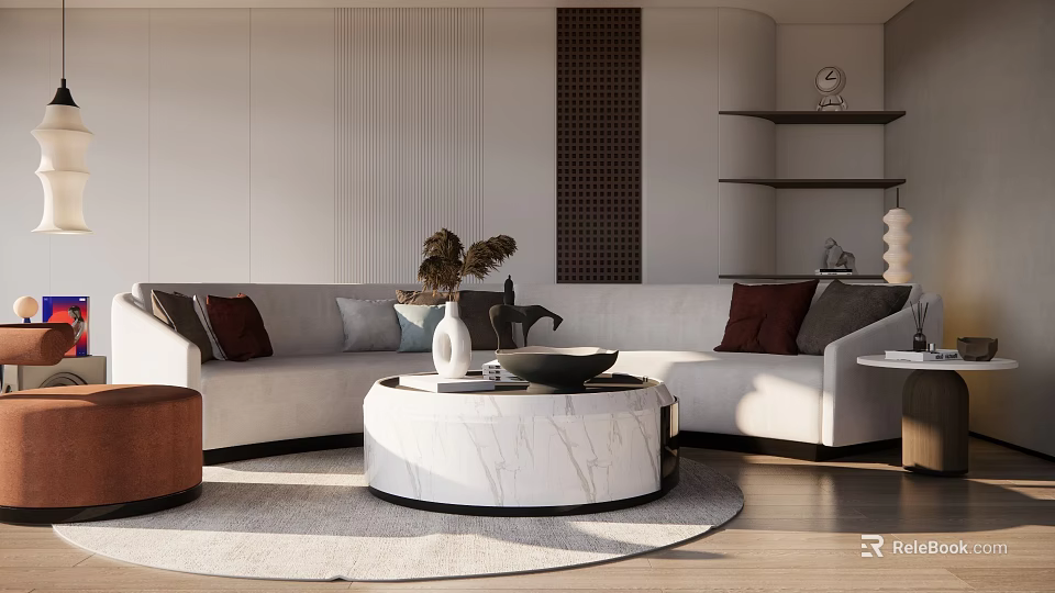 Modern Sofa Coffee Table Set with Round Marble Table Throw Pillows and Wooden Floor 3d model