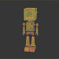 Yellow Square Head Robot Character With Green Eyes For Game Scenes