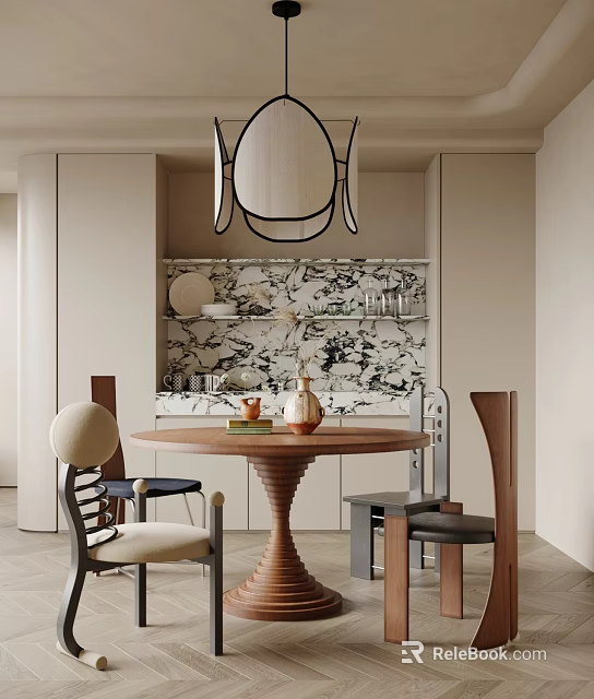 Elegant Modern Restaurant Interior With Round Dining Table Chairs And Pendant Light Decor 3d model