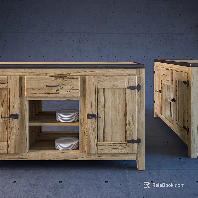 Wooden Sideboard With Open Shelves Cabinet Doors And White Plates 3d model 