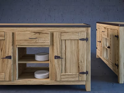 Wooden Sideboard With Open Shelves Cabinet Doors And White Plates 3d model