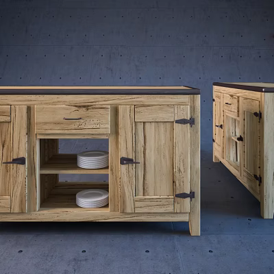 Wooden Sideboard With Open Shelves Cabinet Doors And White Plates 3d model