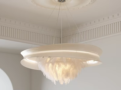 Elegant White Feather Chandelier Hanging From Decorative Ceiling With Ornate Details 3d model