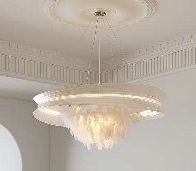 Elegant White Feather Chandelier Hanging From Decorative Ceiling With Ornate Details 3d model