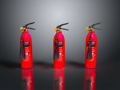 Three Red Fire Extinguishers with Yellow Nozzles on Black Reflective Surface 3d model