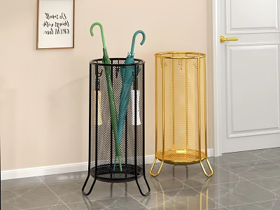 Stylish Two Toned Metal Mesh Umbrella Rack with Stand in Black and Gold for Entryway 3d model