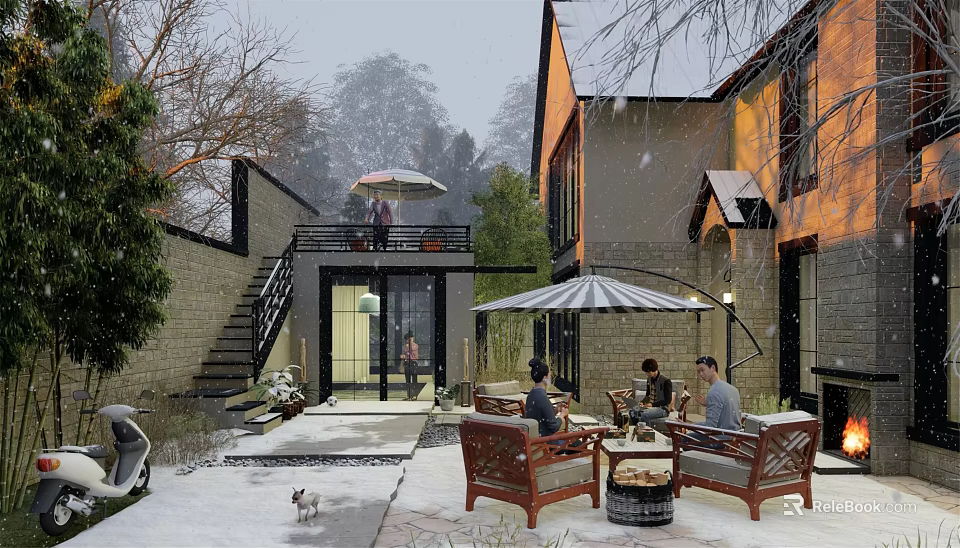 Snowy Courtyard Garden With Outdoor Furniture Umbrella And People Enjoying Winter Scene 3d model 