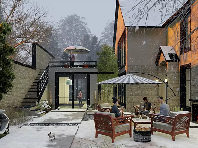 Snowy Courtyard Garden With Outdoor Furniture Umbrella And People Enjoying Winter Scene 3d model