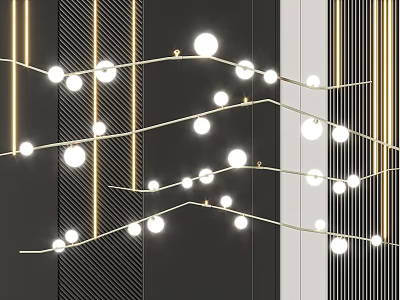 Modern Chandelier With Curved Metal Branches And Round Bulbs On Dark Striped Wall 3d model
