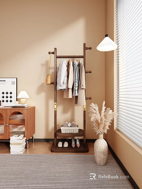 Wooden Coat Rack With Hanging Clothes Bag Shoe Shelf And Potted Plant Near Window 3d model 
