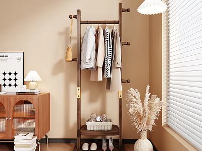 Wooden Coat Rack With Hanging Clothes Bag Shoe Shelf And Potted Plant Near Window 3d model