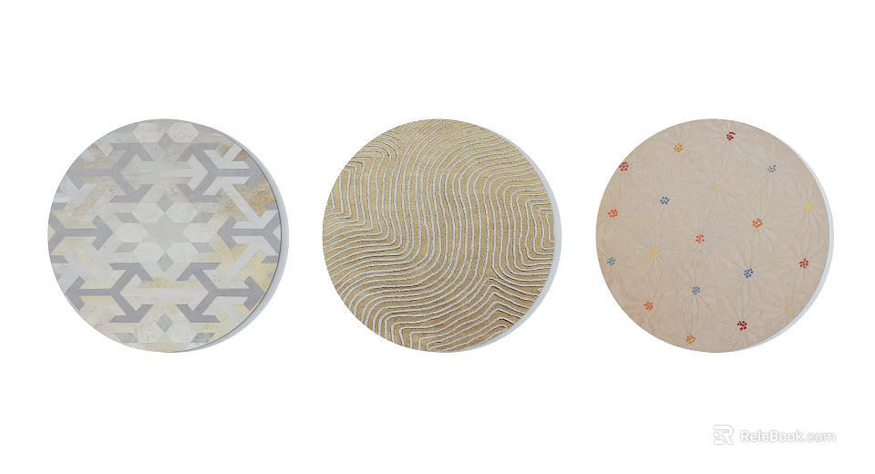 Round Rugs Featuring Various Patterns Such as Geometric Wave and Star Designs 3d model