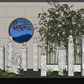 Traditional Chinese Stone Pillars With Lion Statues Circular Window And Bamboo Plants In Courtyard Design