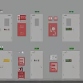 Wall Mounted Fire Equipment With White Cabinets Red Extinguisher Boxes And Safety Signs