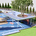 Outdoor Children's Play Area Featuring Blue Slide Tree Platform Railing And Green Lawn