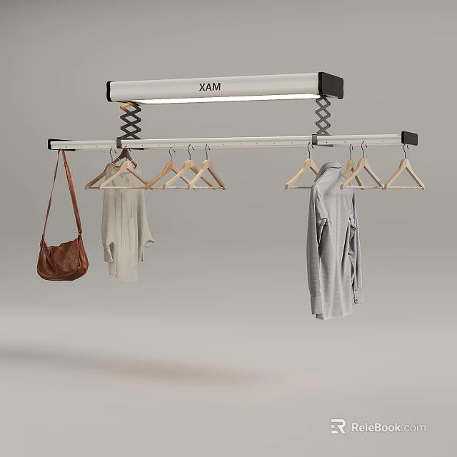 Modern Hanging Clothes Rack System with Wooden Hangers and Hanging Garments and Bag 3d model 