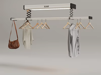 Modern Hanging Clothes Rack System with Wooden Hangers and Hanging Garments and Bag 3d model
