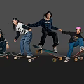 Young Women Skateboarders Riding Together with One in Pink Hat and Casual Clothes