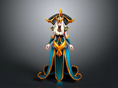 Fantasy Character In Ornate Gold And Blue Costume With Horned Headdress Long Hair 3d model