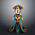 Fantasy Character In Ornate Gold And Blue Costume With Horned Headdress Long Hair