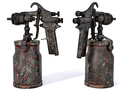 Old Spray Guns With Metal Cans Rust And Paint Splatters On Surface 3d model