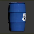 Four Black and Blue Barrels with Stained Surfaces and White Labels