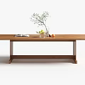 Modern Wooden Dining Table With Metal Legs Green Plant In Vase Fruits And Open Magazine