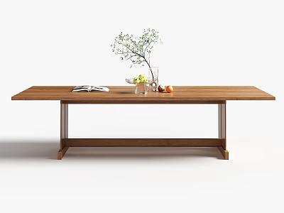 Modern Wooden Dining Table With Metal Legs Green Plant In Vase Fruits And Open Magazine 3d model