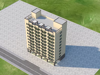 Aerial View Planning of Multi Story Building With Surrounding Road Green Grass and Paved Ground 3d model