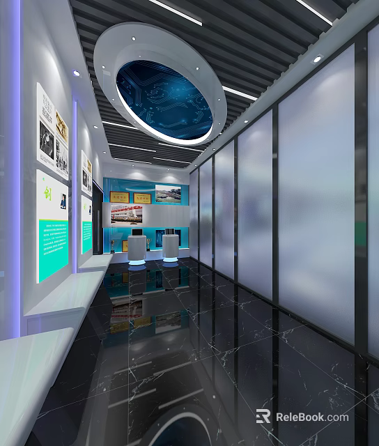 Modern Elevator Hallway Interior Design With Exhibition Panels And Marble Floor 3d model 
