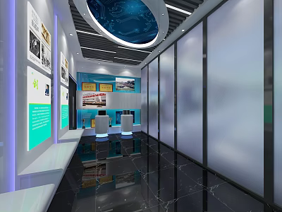 Modern Elevator Hallway Interior Design With Exhibition Panels And Marble Floor 3d model