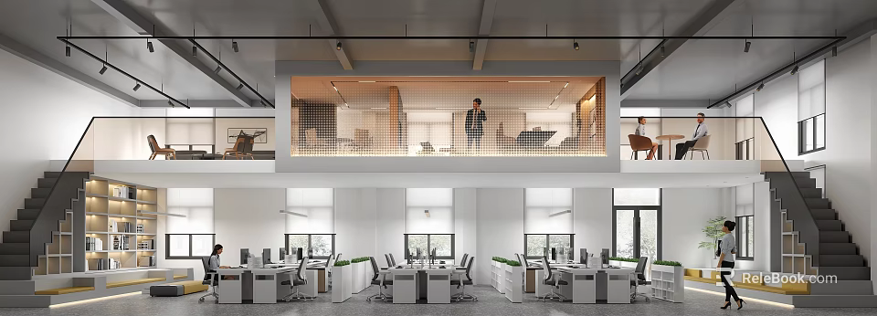Modern Public Office Space With Open Layout Workstations Green Plants And Windows 3d model 