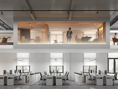Modern Public Office Space With Open Layout Workstations Green Plants And Windows 3d model