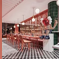 Elegant Pink Restaurant Interior With Round Pendant Lights Dining Tables And Black White Checkered Floor