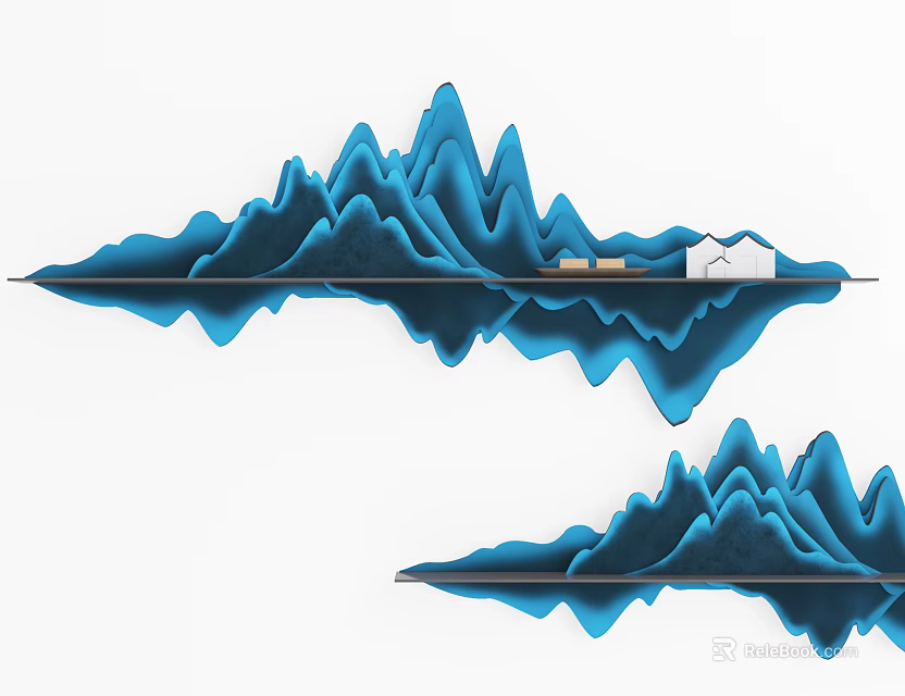 Layered Blue Mountain Shaped Wall Decor With Small White House And Reflection 3d model