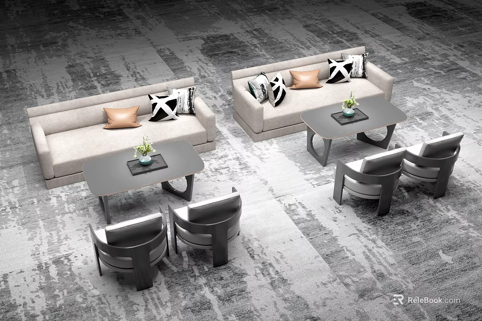 Modern Beige Sofa and Coffee Table Set With Decorative Pillows and Accent Chairs 3d model 