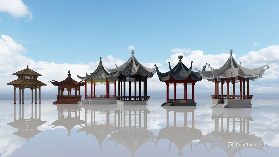 Multiple Chinese Pavilions with Blue Sky White Clouds and Water Reflections 3d model 