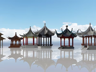 Multiple Chinese Pavilions with Blue Sky White Clouds and Water Reflections 3d model
