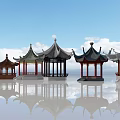 Multiple Chinese Pavilions with Blue Sky White Clouds and Water Reflections 3d model