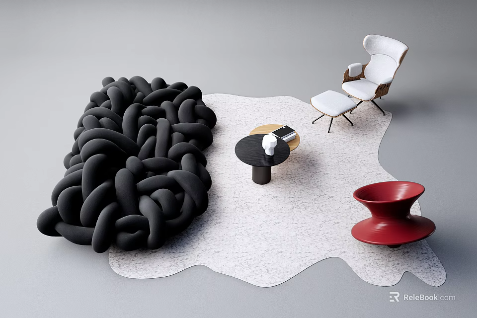 Modern Black Woven Sofa Set With White Armchair Ottoman Round Coffee Table Red Decorative Bowl 3d model 